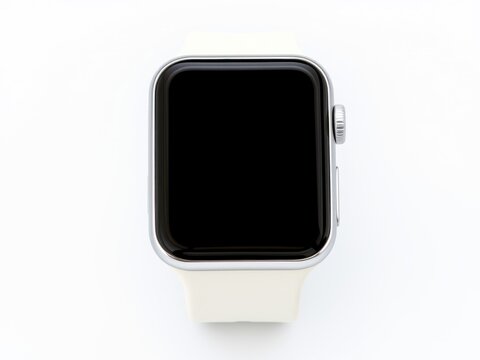 A close up view of a silver apple watch with a black screen and a white band on a white background