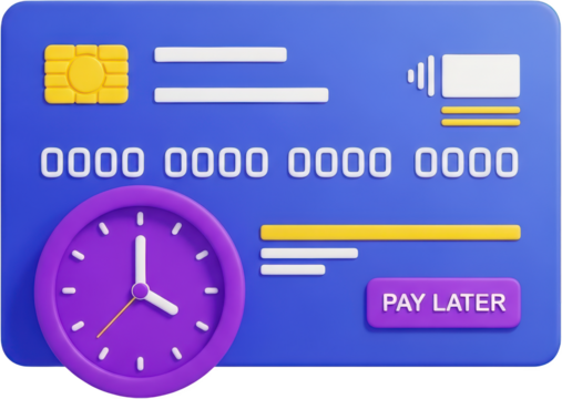 3D rendering of a credit card with a clock icon and Pay Later button symbolizing payment options transparent background