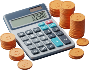 Calculator with stacks of coins displaying the number 122500 isolate money