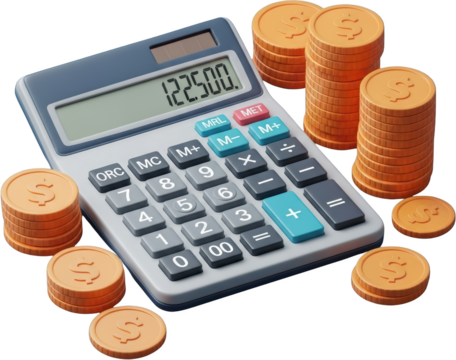 Calculator with stacks of coins displaying the number 122500 isolate money