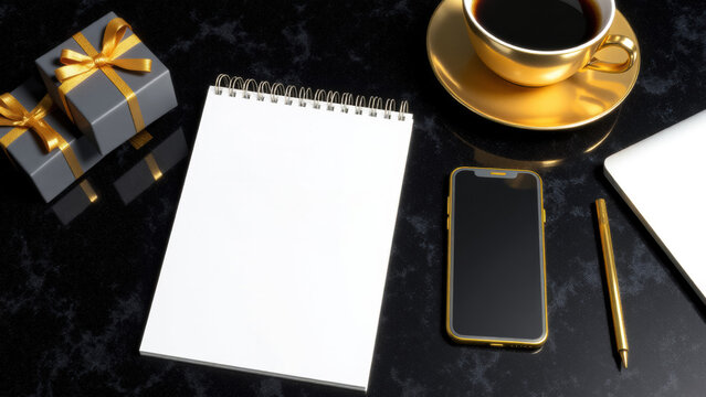 modern workspace with blank notebook, smartphone, gift box and marble coffee table - Powered by Adobe