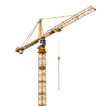 Industrial yellow tower crane with a lifting hook and jib. Heavy machinery for building construction sites, isolated on a white background.