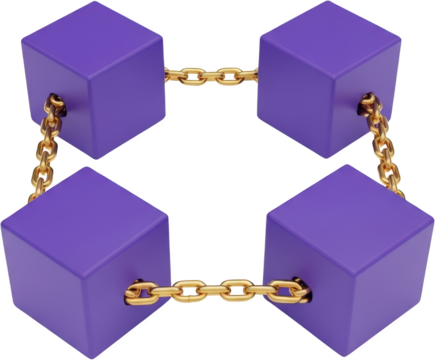 Four purple cubes linked together with a gold chain forming a loop structure transparent background
