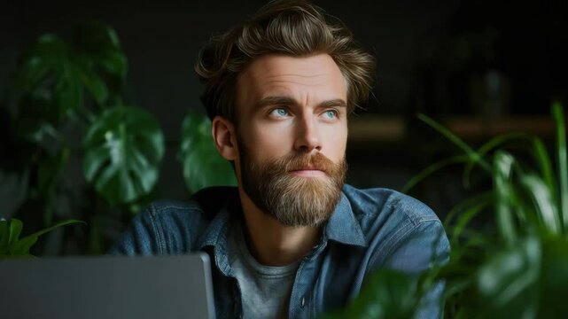A bearded man in a thoughtful pose, looking into the distance with a pensive expression. He is in an office setting surrounded by plants.