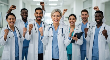 Successful medical team of diverse men and women celebrating a victory. Happy healthcare professionals with fists raised in a clinic corridor.
