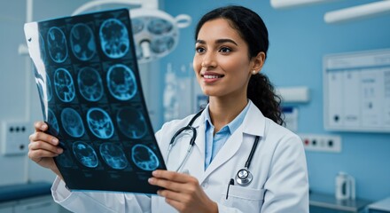Confident female doctor examining a brain MRI scan in a modern hospital. Young woman neurosurgeon analyzing patient results.