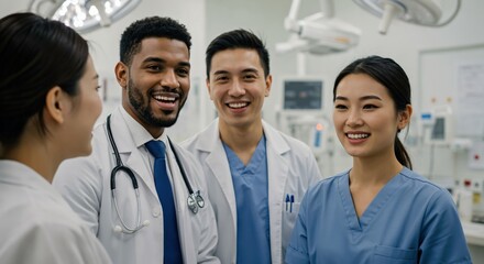 Fototapeta premium Diverse team of doctors and nurses smiling and talking in a hospital. Medical professionals collaborating in a modern operating room.