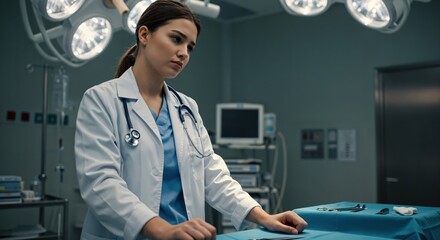 Pensive female doctor standing in a modern operating room. Young surgeon with a concerned expression before surgery.