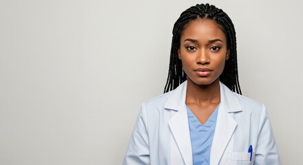 Portrait of a serious young African American female doctor in a lab coat and scrubs. Confident healthcare professional looking at the camera against a plain background.