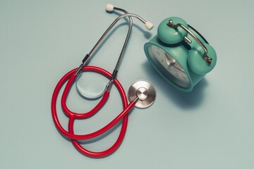 Vibrant red stethoscope and teal vintage alarm clock on light blue. Highlights the importance of regular medical check-ups and efficient health appointment management.