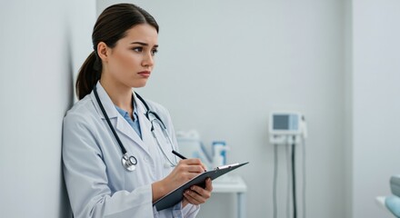 A concerned young female doctor in a white coat with a stethoscope, thoughtfully writing notes on a clipboard in a hospital clinic.