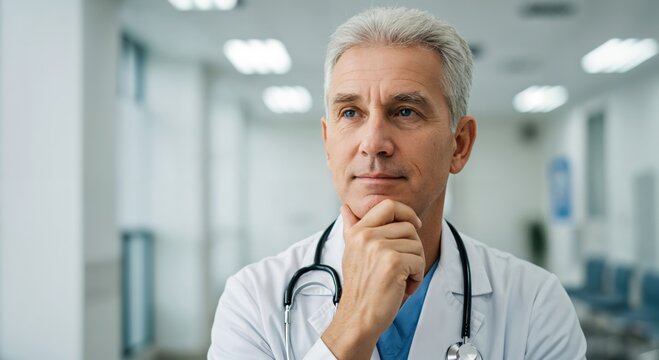 Thoughtful mature male doctor in a hospital corridor. Pensive senior physician contemplating a diagnosis. Healthcare professional in a clinic. - Powered by Adobe