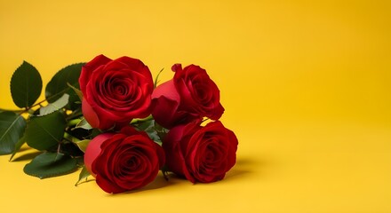 Obraz premium Four Red Roses on Yellow Background