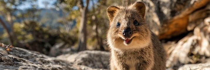Obraz premium Quokka Smiling Brightly on Rocky Terrain in Australia During a Sunny Day With Vibrant Colors Enhancing Its Cheerful Expression