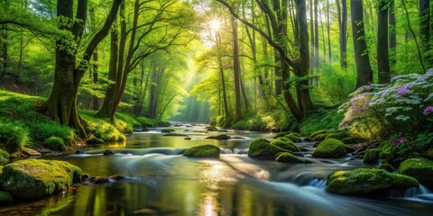 Obraz premium Serene River Flowing Through a Lush, Sun-Dappled Forest Landscape with Mossy Rocks and Blooming Flora