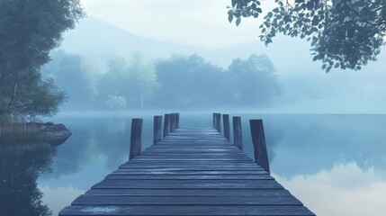 Fototapeta premium Quiet lake with a wooden pier and serene water reflections