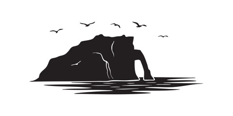 Coastal Cliff with Seabirds and Ocean Waves – Island Scene Silhouette Landscape Vector