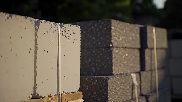 Stacked Gray Building Blocks on a Wooden Pallet Under Natural Light with Green Trees and a Clear Blue Sky Outdoors