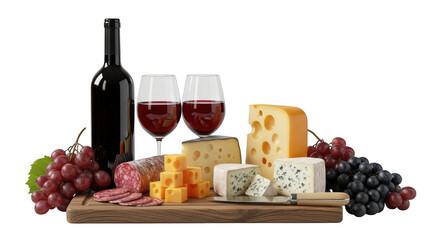 Gourmet cheese and wine platter with salami and grapes isolated on transparent background