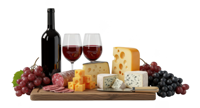 Gourmet cheese and wine platter with salami and grapes isolated on transparent background
