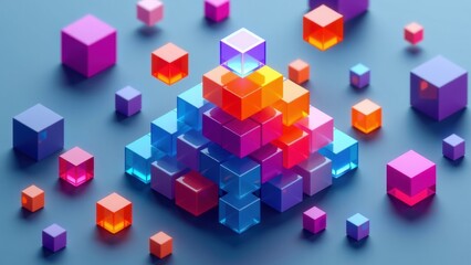 Obraz premium Colorful geometric shapes create stunning visual used in infographics, showcasing vibrant cubes arranged in pyramid formation