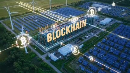 Aerial view of a sustainable energy facility showcasing solar panels and wind turbines, emphasizing blockchain technology - Powered by Adobe