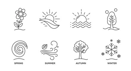 Four Seasons Line Art Icons: Spring, Summer, Autumn, and Winter