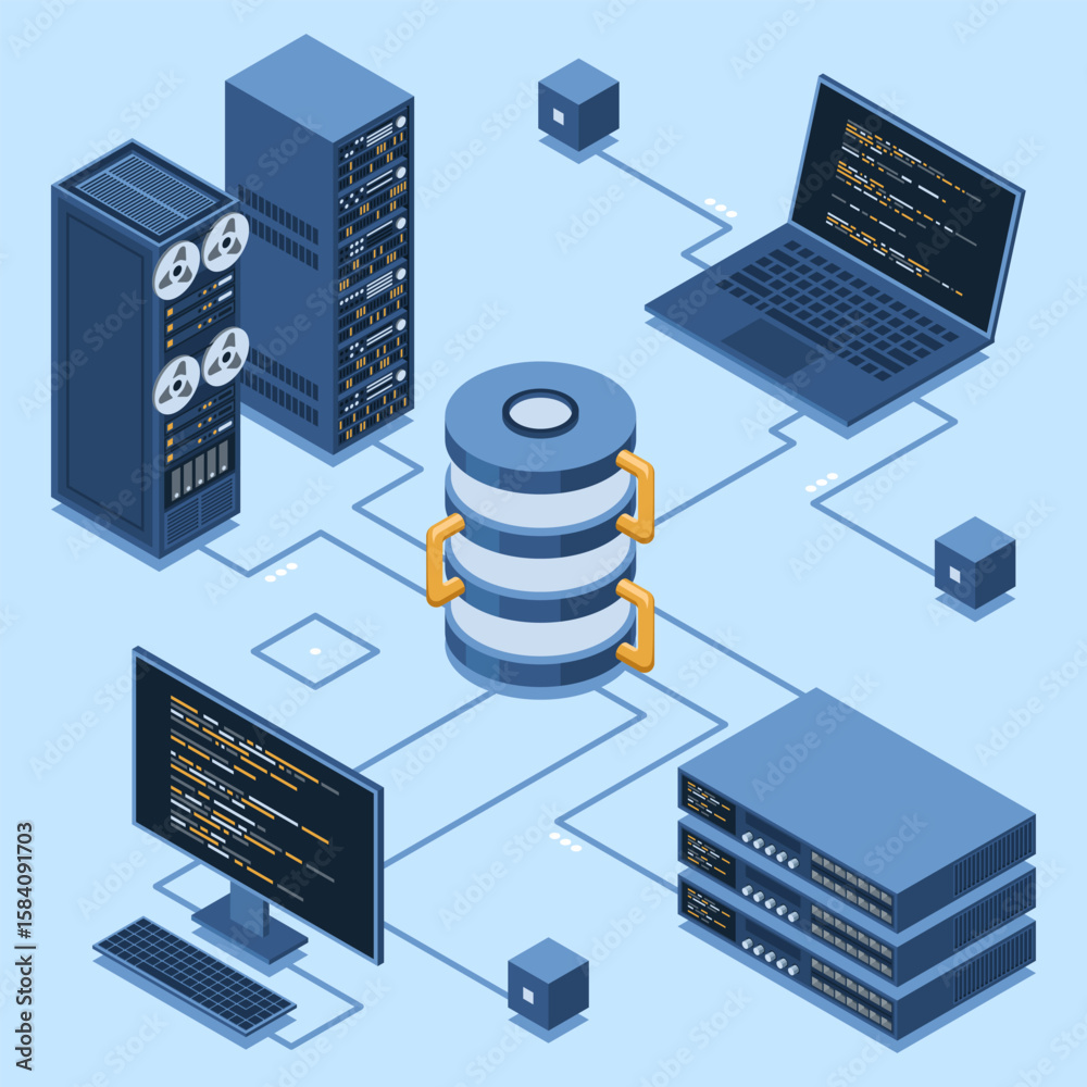 Poster isometric modern cloud database and networking concept. computer service technology. supercomputer. 