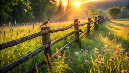 Obraz premium Serene Sunrise A Solitary Bird Perched on a Rustic Wooden Fence Amidst a Vibrant Meadow Bathed in Golden Sunlight