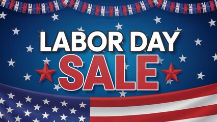 Labor day sale with american flag and patriotic bunting on a blue star background design element