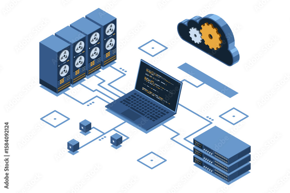 Sticker isometric cloud technology computing. cloud storage. isometric network with computer, laptop, and se
