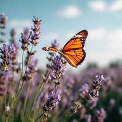 Obraz premium Orange Butterfly on Lavender Flowers in Lavender Field