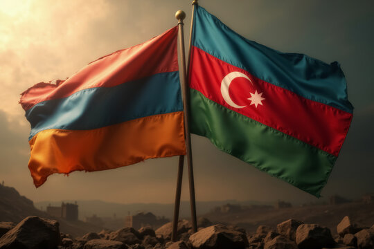 crossed flags of armenia and azerbaijan flutter in the wind at sunset against the backdrop of ruins