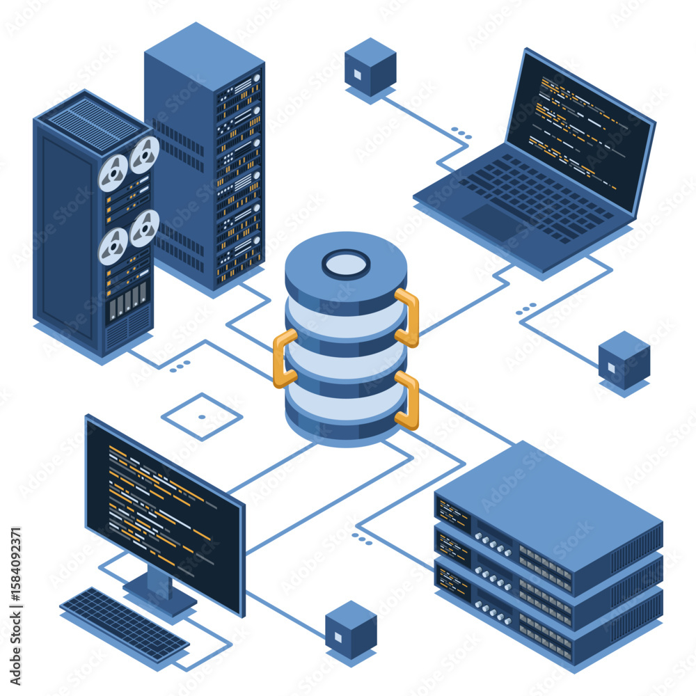 Poster isometric modern cloud database and networking concept. computer service technology. supercomputer. 