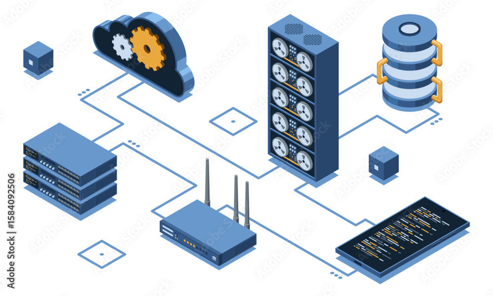 Poster isometric cloud technology with server. isometric server and hosting storage technology. web hosting