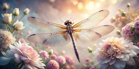 A delicate dragonfly with translucent wings hovers amidst a breathtaking array of pastel blossoms, bathed in the warm glow of a setting sun, creating a scene of serene natural beauty.