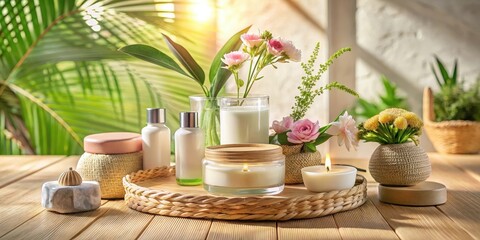 Serene Spa Setting with Natural Products and Blooming Flowers on Wooden Tray