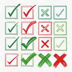 Hand Drawn Check and Cross Mark Icon Set – Colorful Vector Collection for UI, Forms, and Infographics