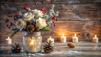 Frosted Mason Jar with Winter Floral Arrangement and Candles on Rustic Wooden Surface