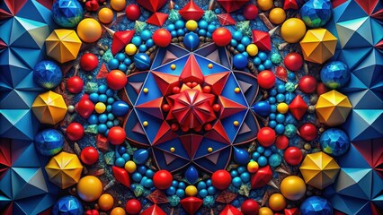Symmetrical Abstract Composition Featuring Vivid Geometric Shapes and Spheres in a Kaleidoscopic Arrangement
