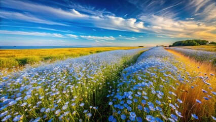 Serene vista of vibrant blue and yellow wildflowers blooming in expansive fields under a picturesque sky