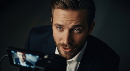 Photo of a focused man with a beard filming a video with a professional camera, capturing a serious and engaging portrait