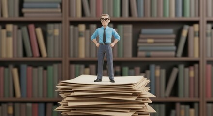 Photo of a miniature figure of a man standing on a stack of papers in front of a bookshelf, symbolizing knowledge and success
