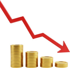 Red downward arrow over stacks of gold coins indicating financial decline transparent background