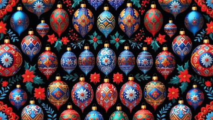 Ornate Christmas ornament arrangement featuring red, blue, and gold baubles and floral sprigs against a dark background.