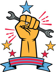 Labor Day Badge Fist Holding Wrench with Stars and Bold Banner