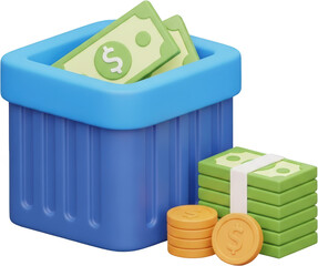 A blue container filled with banknotes and a stack of cash with coins isolate