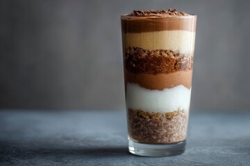 Decadent Layered Dessert in Tall Glass with Chocolate and Cream