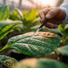 Hand of Gardener Trimming Leaf in Greenhouse at Sunset