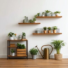 Potted Plants on Shelves and Stand Against White Wall
